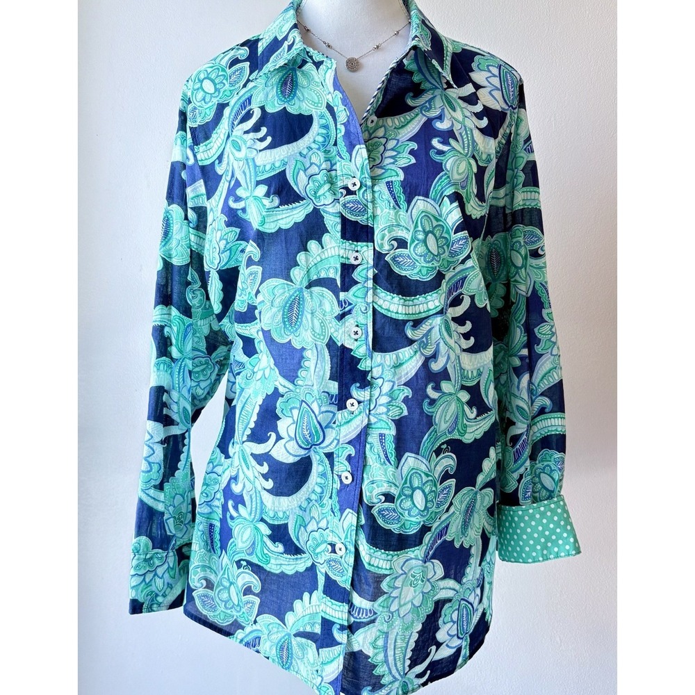 Talbots Women's Cotton Floral Button Up 2XP Teal Navy Office Casual Classic